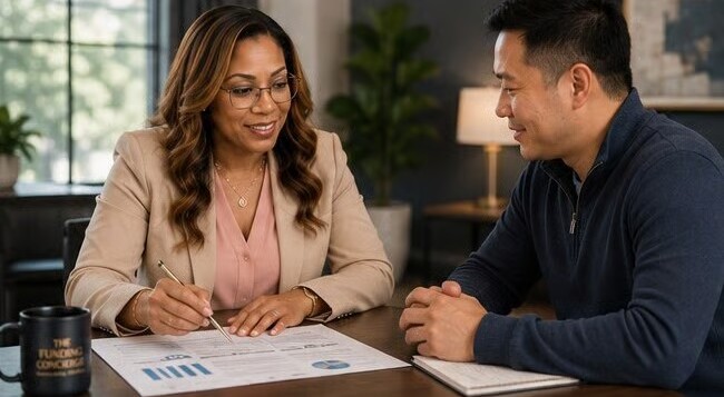 Tyra Brown reviewing small business funding options with a client — The Funding Concierge